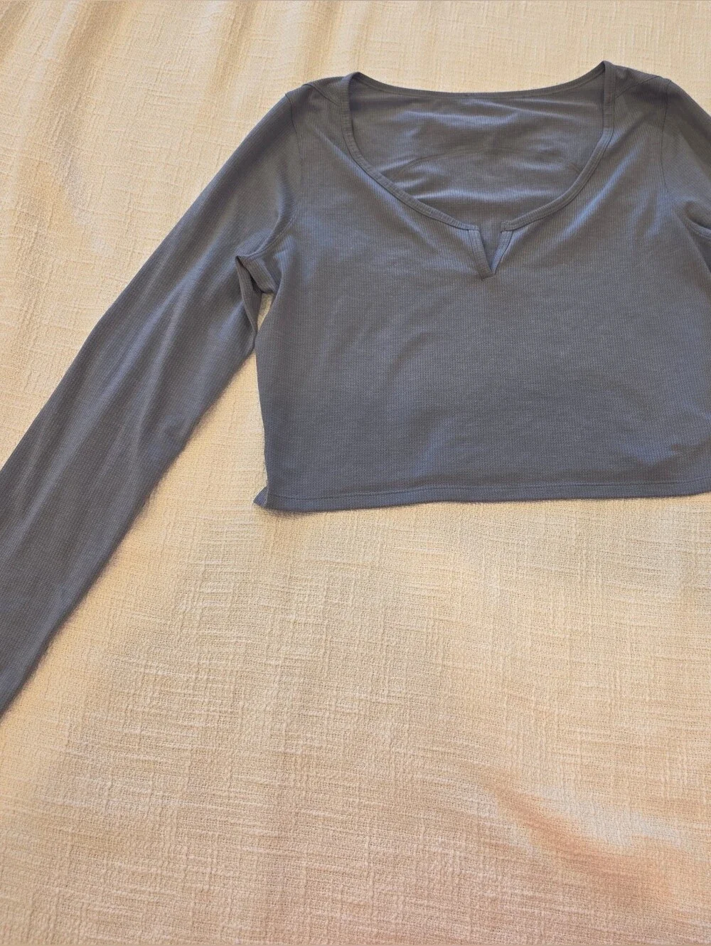 Cropped Henley Long Sleeve Ribbed Top - Asphalt Grey - Size 8 (M)
